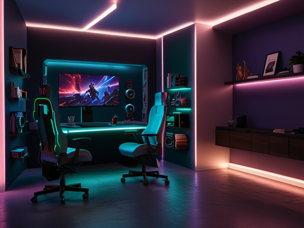 a Gaming PC room with led strip Light in different colors 遊戲房的環境照明